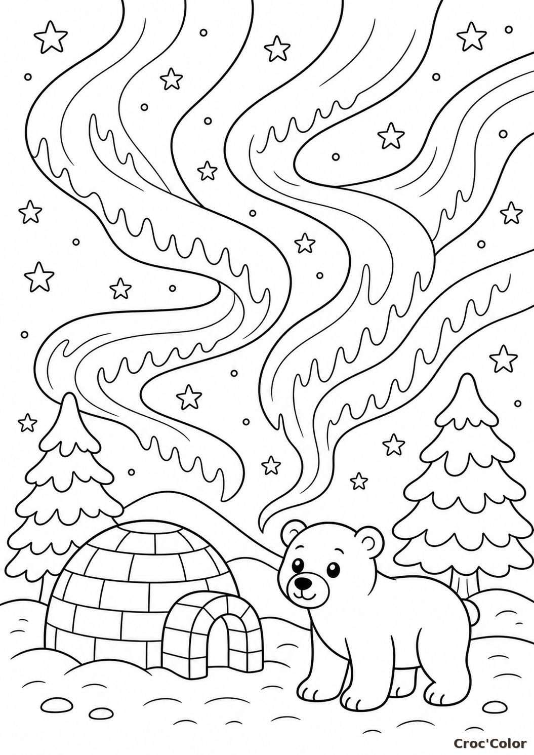 Coloriage aurore boréale facile - paysage polaire à imprimer