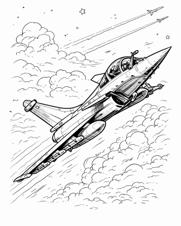 Coloriage Avion de Chasse Rafale en Mission - Dessin Militaire Réaliste à Imprimer