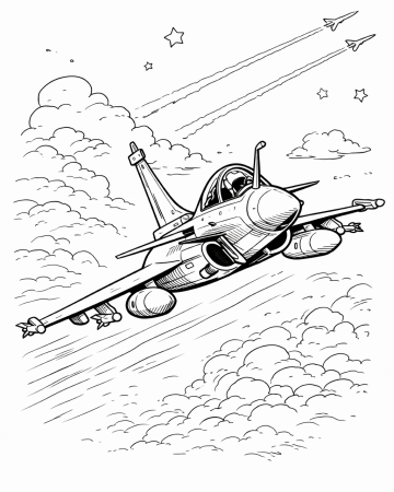 Coloriage Avion de Chasse en Vol : Dessin Militaire à Imprimer