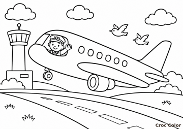 Coloriage Avion au Décollage Maternelle - Dessin Pilote et Tour de Contrôle à Imprimer Gratuit