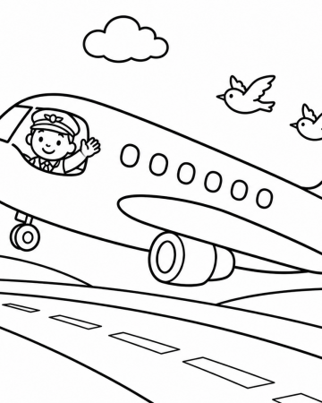 Coloriage Avion au Décollage Maternelle - Dessin Pilote et Tour de Contrôle à Imprimer Gratuit