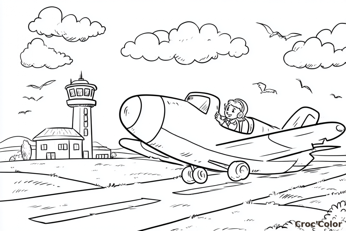 Coloriage Avion Facile Maternelle - Dessin Avion qui Décolle et Aéroport à Imprimer Gratuit