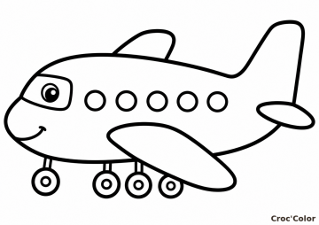 Coloriage Avion Kawaii Facile Maternelle - Dessin Petit Avion de Ligne, Hublots et Roues à Imprimer Gratuit