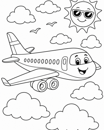 Coloriage avion kawaii très facile - avion dans le ciel à imprimer