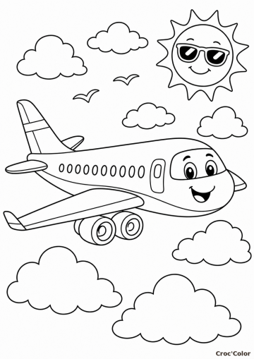 Coloriage avion kawaii très facile - avion dans le ciel à imprimer