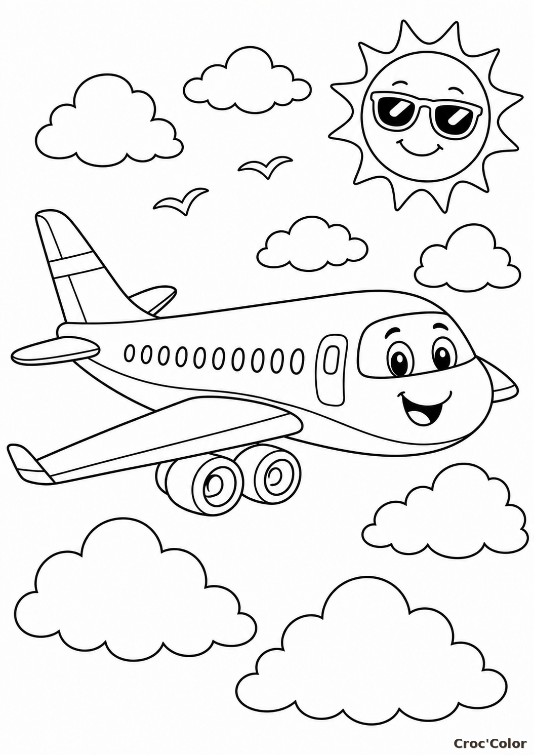 Coloriage avion kawaii très facile - avion dans le ciel à imprimer