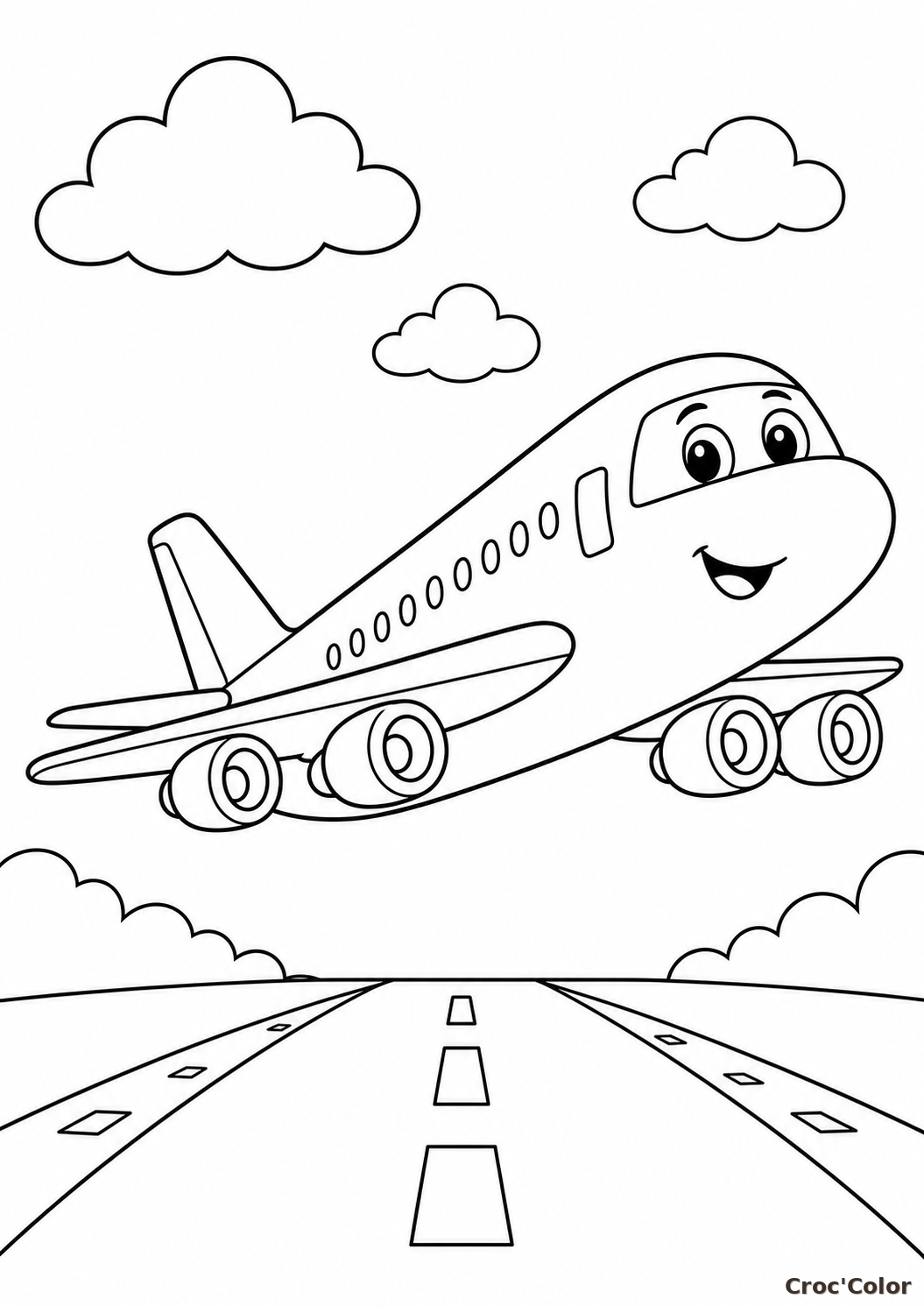 Coloriage Avion Rigolo au Décollage - Dessin Facile pour Maternelle à Imprimer