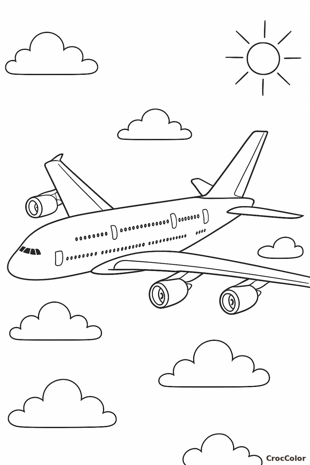 Coloriage Avion de Ligne dans les Nuages : Dessin à Imprimer pour Enfant