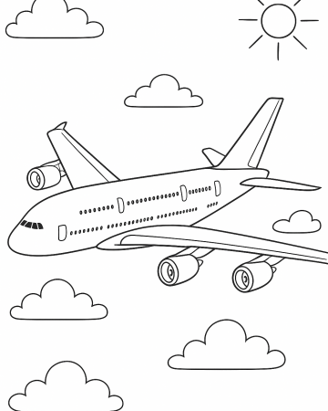 Coloriage Avion de Ligne dans les Nuages : Dessin à Imprimer pour Enfant