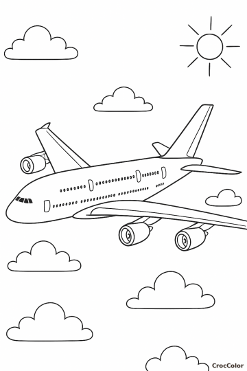 Coloriage Avion de Ligne dans les Nuages : Dessin à Imprimer pour Enfant