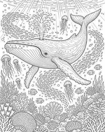 Coloriage baleine à bosse dans l’océan - Dessin marin détaillé à imprimer