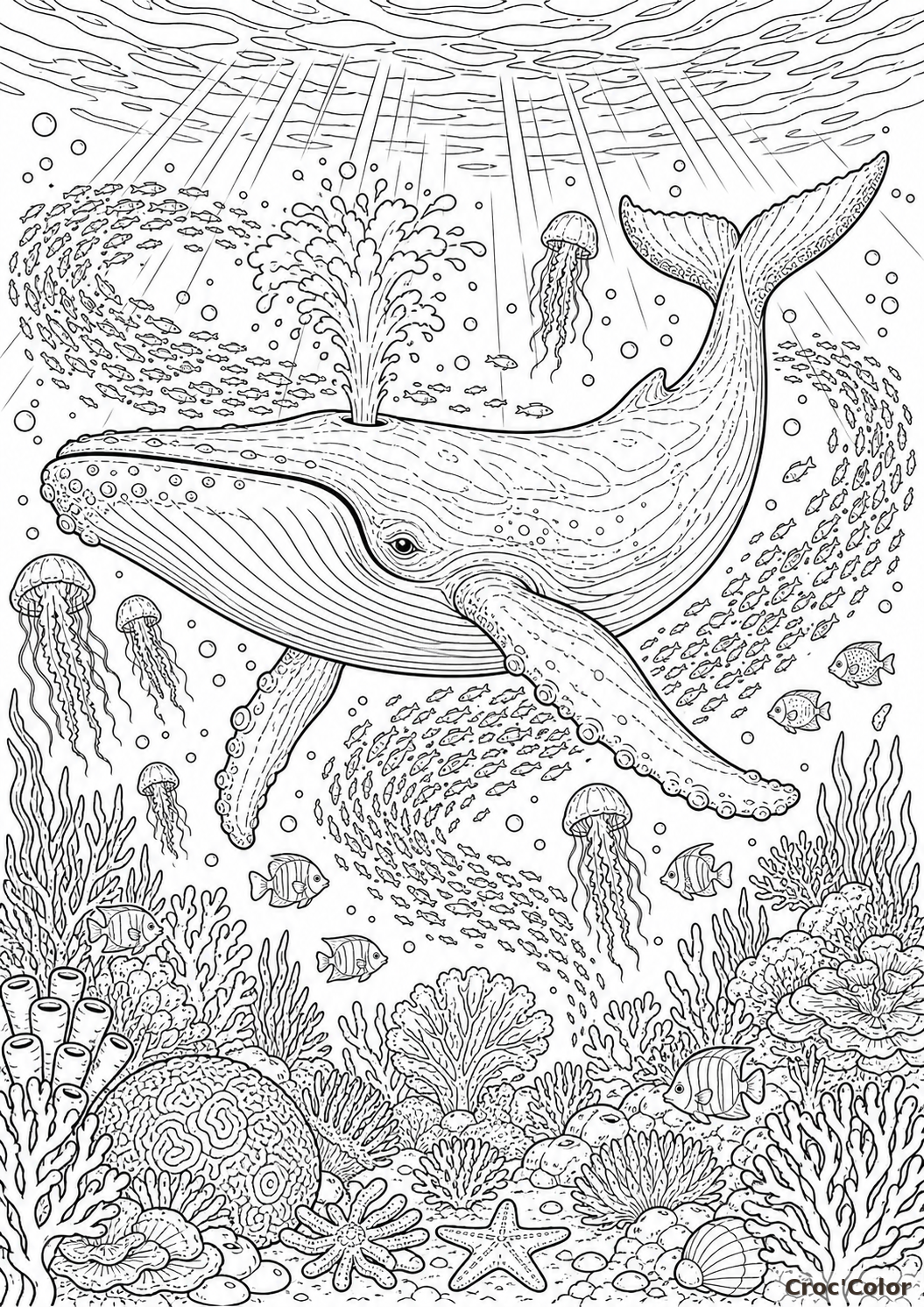 Coloriage baleine à bosse dans l’océan - Dessin marin détaillé à imprimer