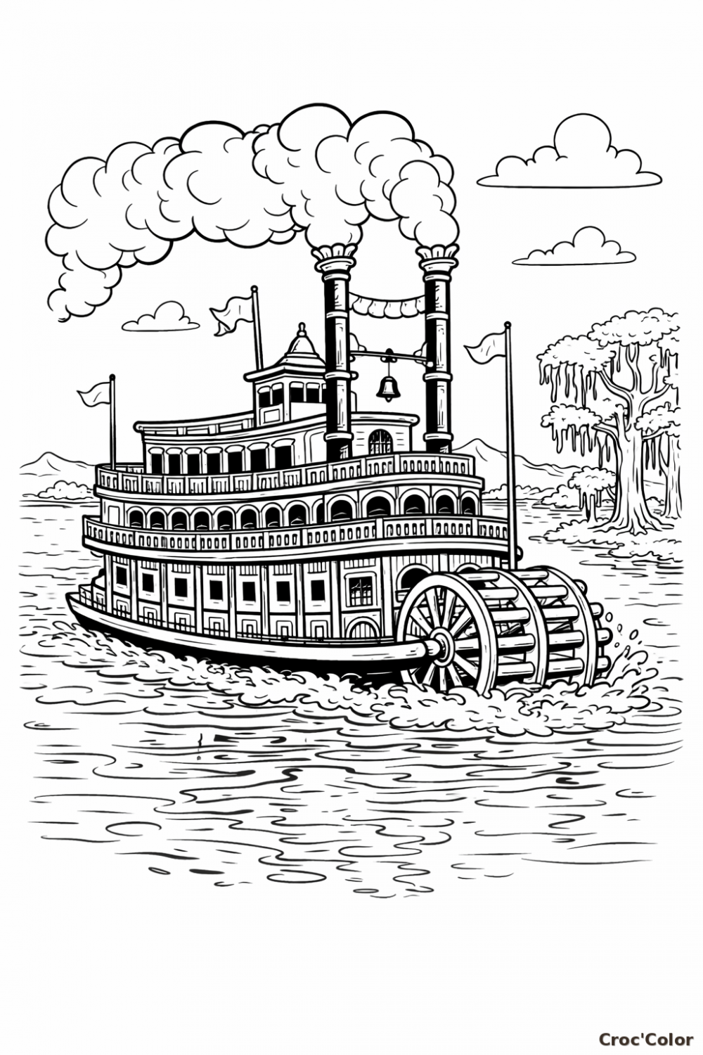 Coloriage Bateau à Aube Traditionnel sur le Mississippi - Dessin Fleuve à Imprimer