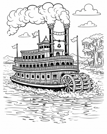 Coloriage Bateau à Aube Traditionnel sur le Mississippi - Dessin Fleuve à Imprimer