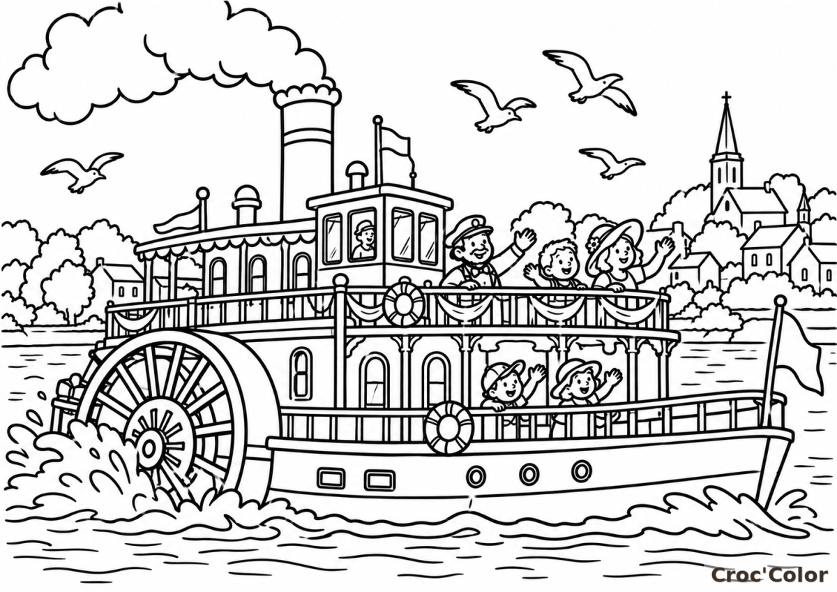 Coloriage Bateau à Roue à Aubes Moyen - Dessin Bateau à Vapeur, Passagers Joyeux, Fleuve et Village à Imprimer Gratuit