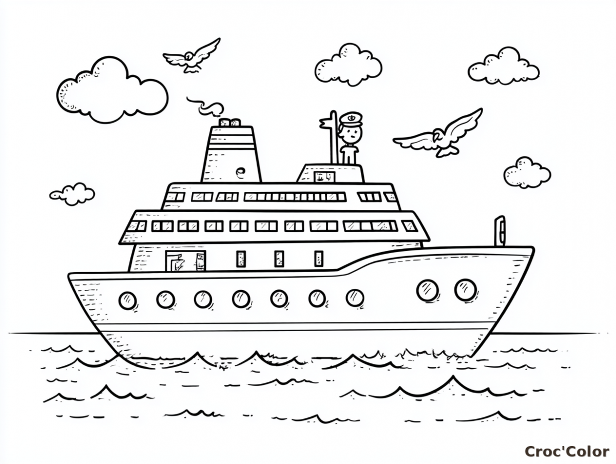 Coloriage Bateau de Croisière Facile - Dessin Grand Paquebot Maternelle à Imprimer Gratuit