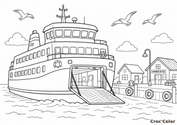 Coloriage Bateau Ferry au Port - Dessin Navire de Voyage à Imprimer Gratuit