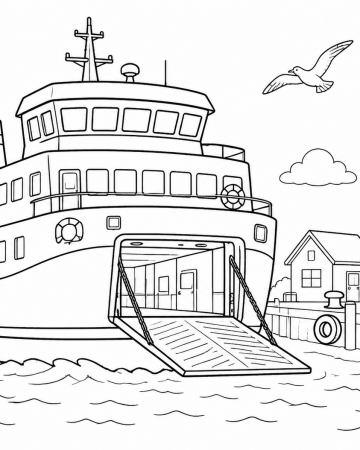 Coloriage Bateau Ferry au Port - Dessin Navire de Voyage à Imprimer Gratuit