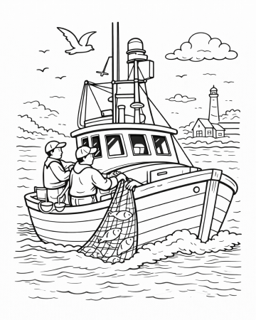 Coloriage Bateau de Pêche en Mer - Dessin Chalutier et Phare à Imprimer Gratuit