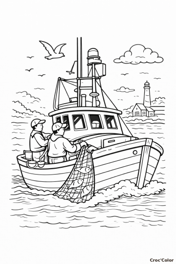 Coloriage Bateau de Pêche en Mer - Dessin Chalutier et Phare à Imprimer Gratuit