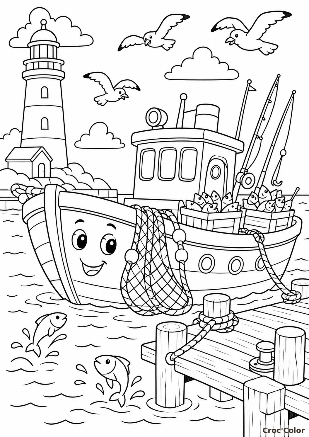 Coloriage bateau de pêche kawaii au port à imprimer gratuitement