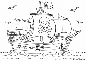 Coloriage Bateau Pirate Facile Maternelle - Dessin Navire Pirate sur l'Eau à Imprimer Gratuit