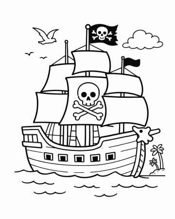 Coloriage Bateau Pirate Facile en Mer - Dessin Navire à Imprimer Gratuit