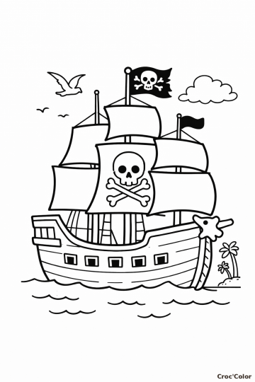 Coloriage Bateau Pirate Facile en Mer - Dessin Navire à Imprimer Gratuit