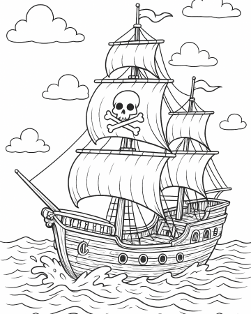 Coloriage Bateau Pirate en Mer - Dessin Grand Galion à Imprimer Gratuit