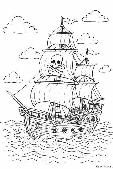 Coloriage Bateau Pirate en Mer - Dessin Grand Galion à Imprimer Gratuit