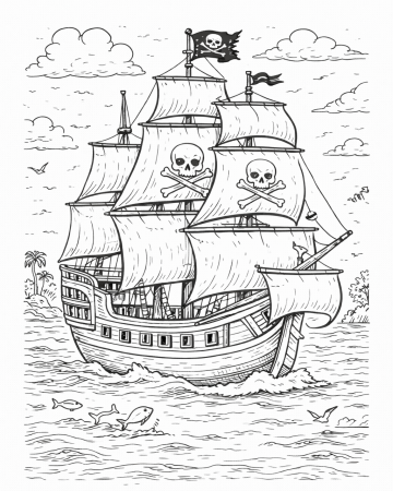 Coloriage Bateau Pirate Réaliste - Dessin Navire Corsaire et Île à Imprimer Gratuit