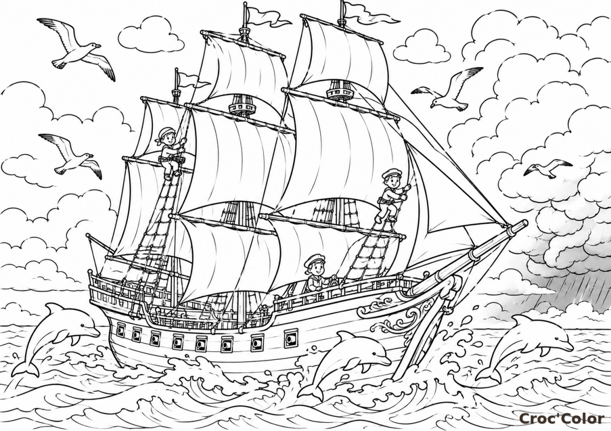 Coloriage Bateau de Pirates en Mer - Dessin Grand Navire, Dauphins et Équipage à Imprimer Gratuit