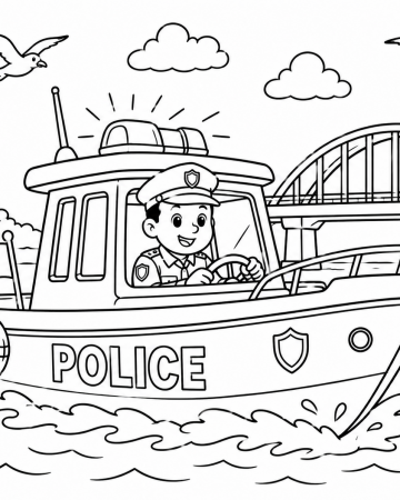 Coloriage Bateau de Police Maritime et Phare - Dessin Mer à Imprimer