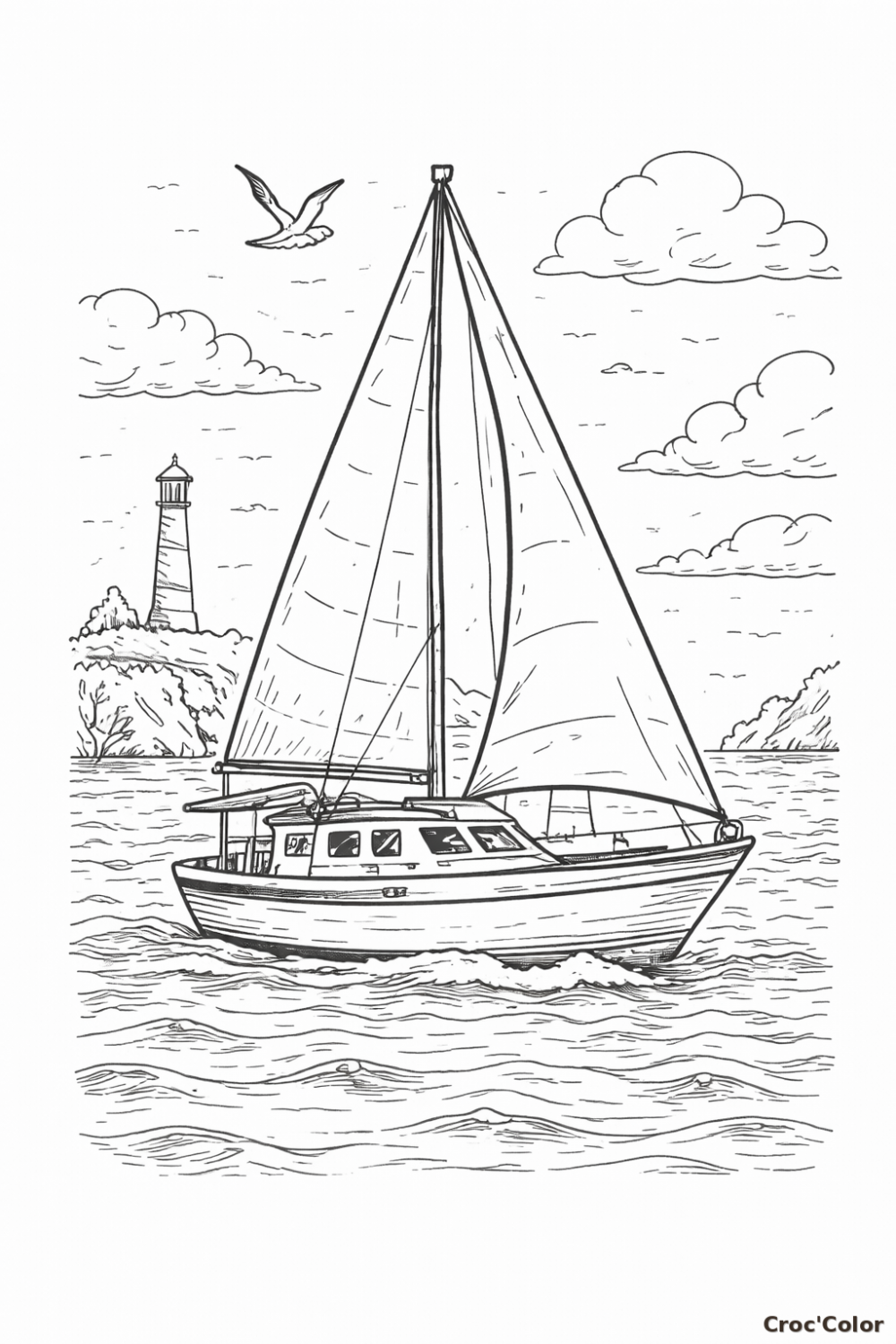 Coloriage Bateau à Voile Facile - Dessin Voilier en Mer et Phare à Imprimer Gratuit