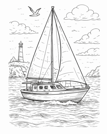 Coloriage Bateau à Voile Facile - Dessin Voilier en Mer et Phare à Imprimer Gratuit