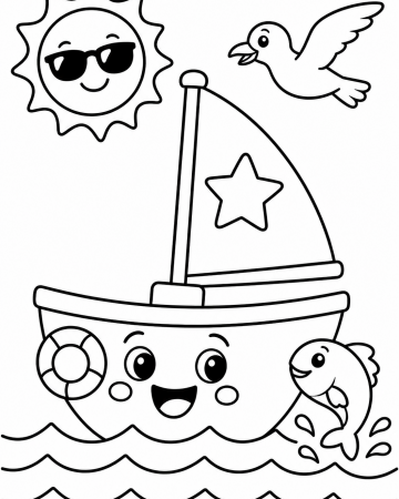 Coloriage bateau à voile kawaii à imprimer gratuitement pour enfants