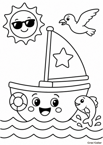Coloriage bateau à voile kawaii à imprimer gratuitement pour enfants
