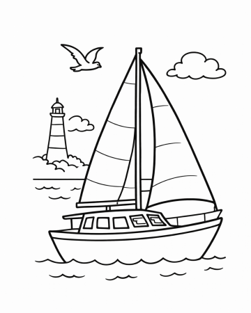 Coloriage Beau Voilier en Mer et Phare - Dessin Bateau Facile à Imprimer