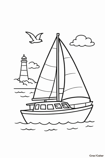 Coloriage Beau Voilier en Mer et Phare - Dessin Bateau Facile à Imprimer