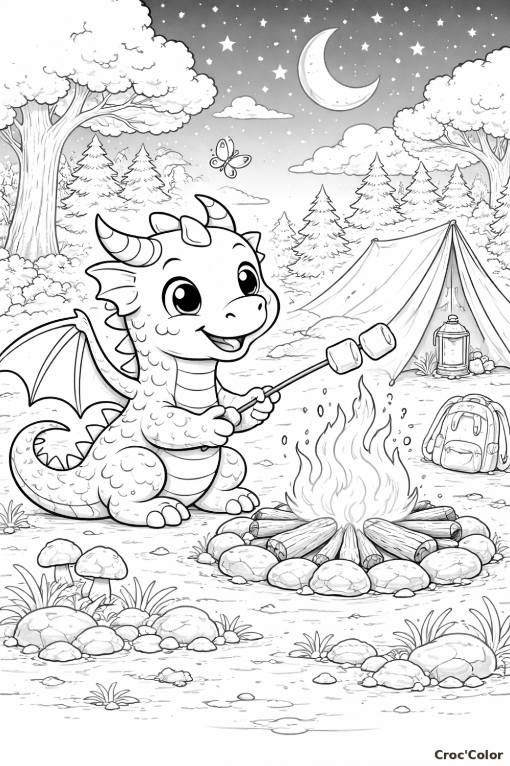 Coloriage Bébé Dragon au Camping - Dessin Petit Dragon fait Griller des Guimauves au Feu de Camp à Imprimer Gratuit