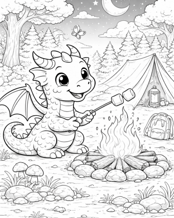 Coloriage Bébé Dragon au Camping - Dessin Petit Dragon fait Griller des Guimauves au Feu de Camp à Imprimer Gratuit