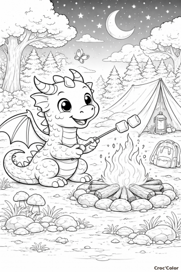 Coloriage Bébé Dragon au Camping - Dessin Petit Dragon fait Griller des Guimauves au Feu de Camp à Imprimer Gratuit