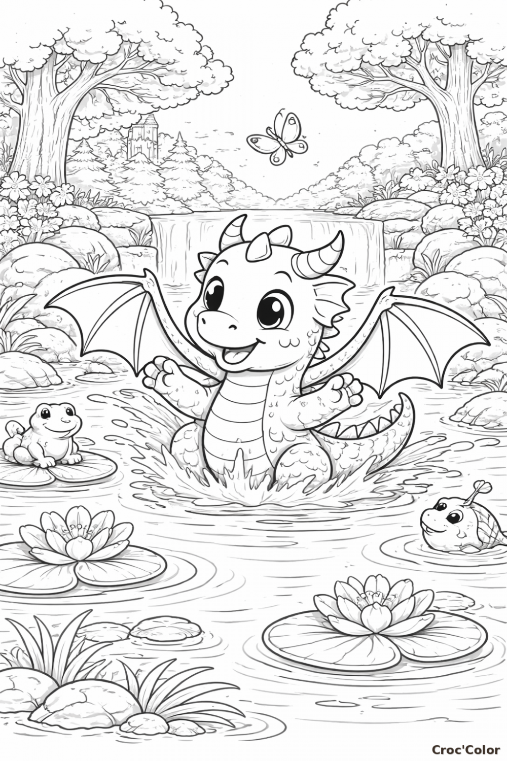 Coloriage Bébé Dragon dans l'Eau - Dessin Petit Dragon Mignon et Grenouille à Imprimer Gratuit