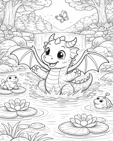 Coloriage Bébé Dragon dans l'Eau - Dessin Petit Dragon Mignon et Grenouille à Imprimer Gratuit