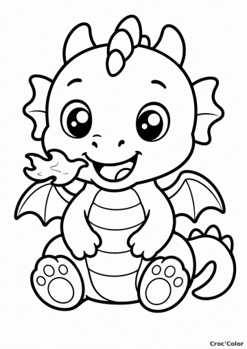 Coloriage Bébé Dragon Facile Maternelle - Dessin Petit Dragon Souriant Crachant du Feu à Imprimer Gratuit