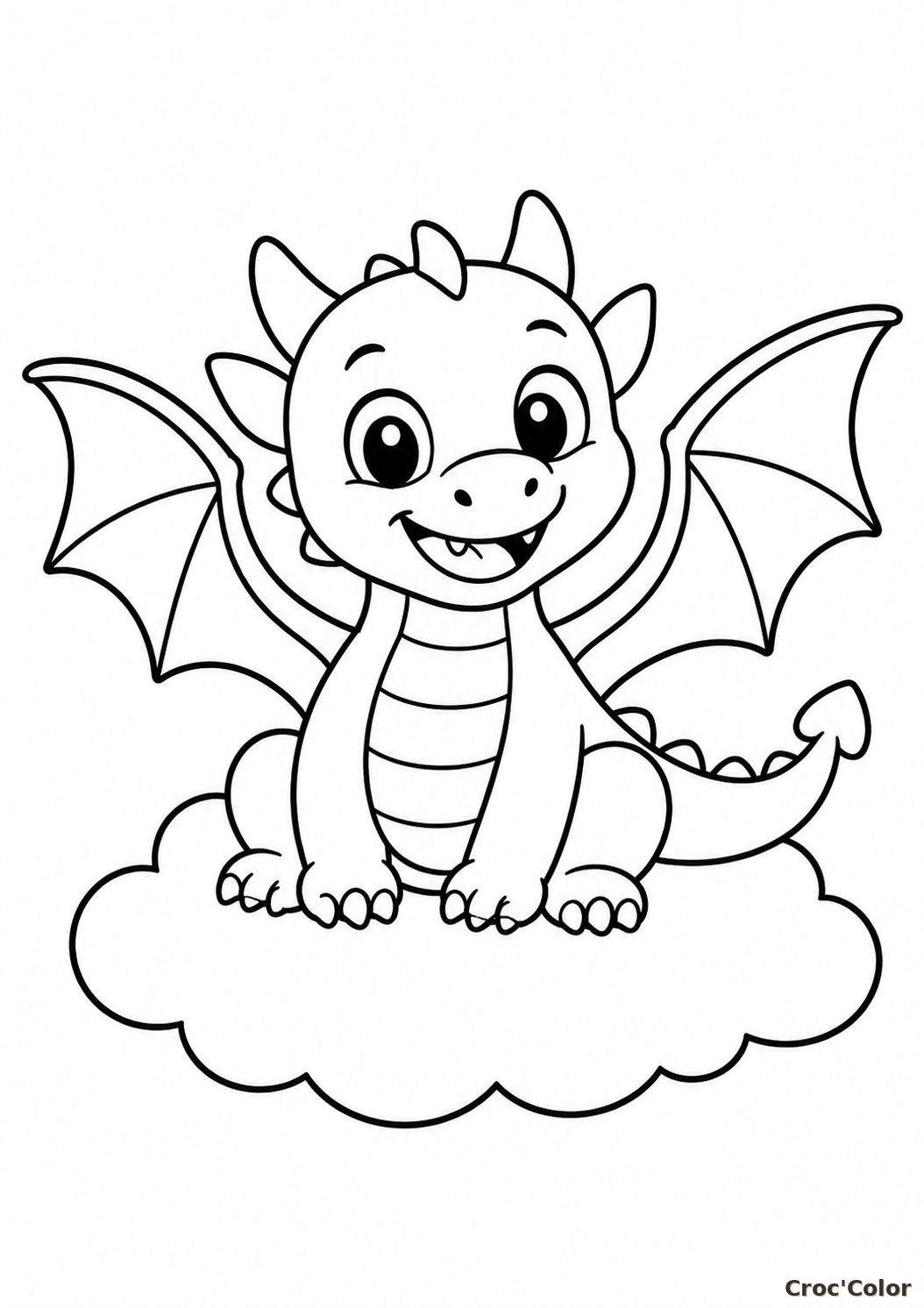 Coloriage Bébé Dragon Facile Maternelle - Dessin Petit Dragon sur Nuage à Imprimer