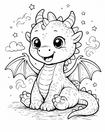Coloriage Bébé Dragon Mignon et Étoiles : Dessin Fantastique à Imprimer