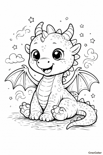 Coloriage Bébé Dragon Mignon et Étoiles : Dessin Fantastique à Imprimer