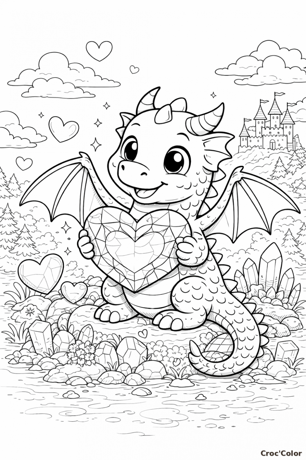 Coloriage Bébé Dragon et Cœur Diamant - Dessin Magique Facile à Imprimer