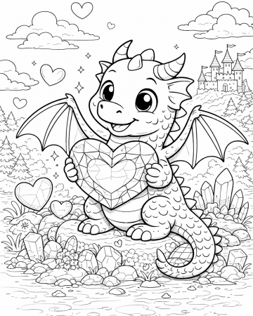 Coloriage Bébé Dragon et Cœur Diamant - Dessin Magique Facile à Imprimer